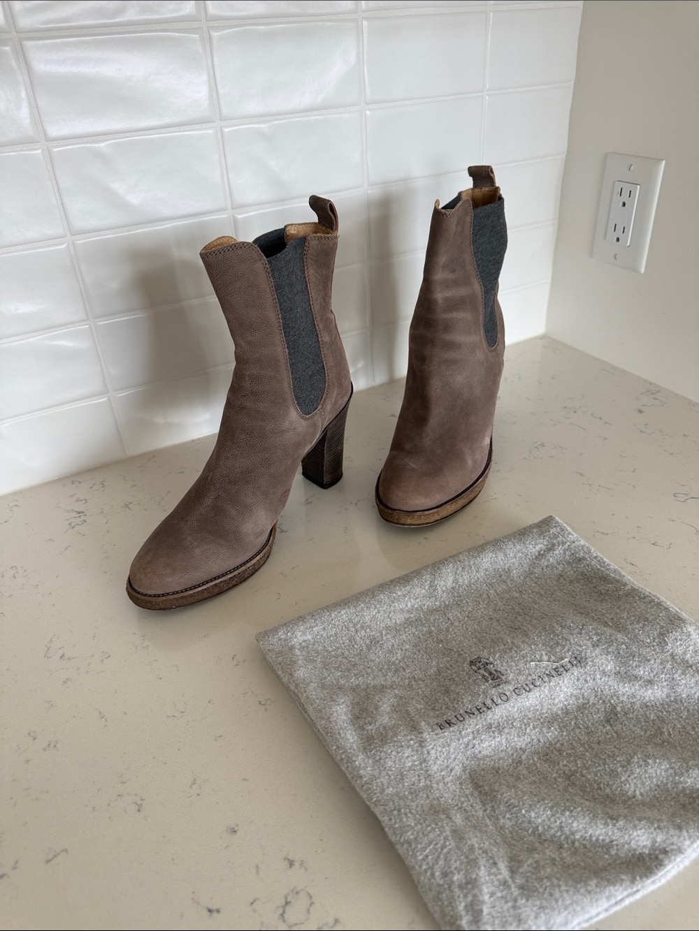 Brunello Cucinelli Taupe-Brown Suede Chelsea Ankle Boots
